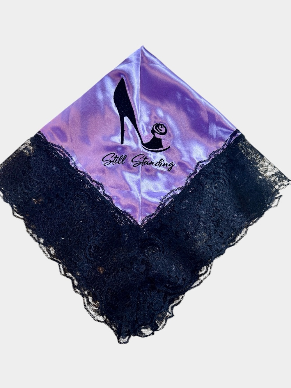 Lavender Satin Embroidered Still Standing Church Handkerchief Black Lace Trim